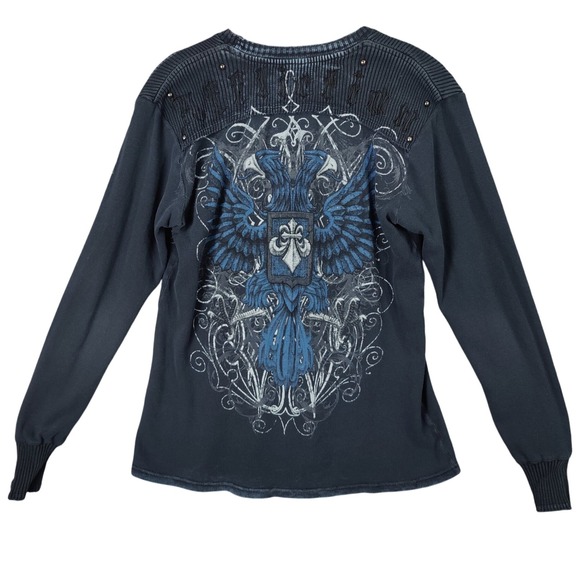 Affliction Logo Studded‎ Waffle Knit Long Sleeve Top Fleur De Lis Eagle Mens M - Picture 1 of 8